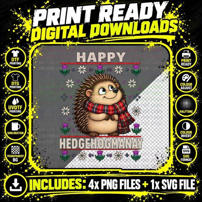 Happy Hedgehogmanay Ugly Sweater Scottish New Year Png SVG Digital Bundle