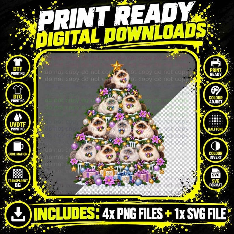 Himalayan Cat Christmas Fluffy Persian Colourpoint Png SVG Digital Bundle