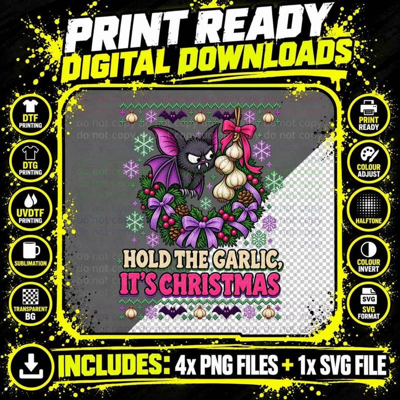 Hold The Garlic Christmas Vampire Bat Ugly Sweater Funny Png SVG Digital Bundle
