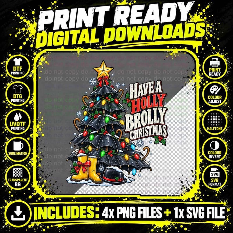 Holly Brolly Christmas Tree Black Umbrella Wellies Png SVG Digital Bundle