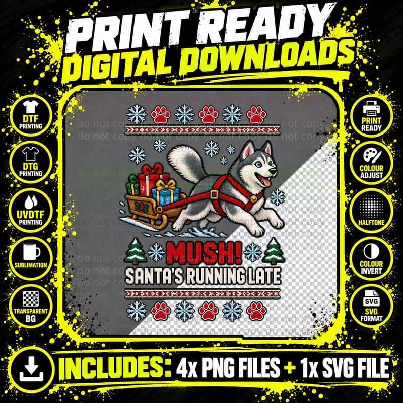 Husky Christmas Ugly Sweater Sled Dog Santa's Running Png SVG Digital Bundle