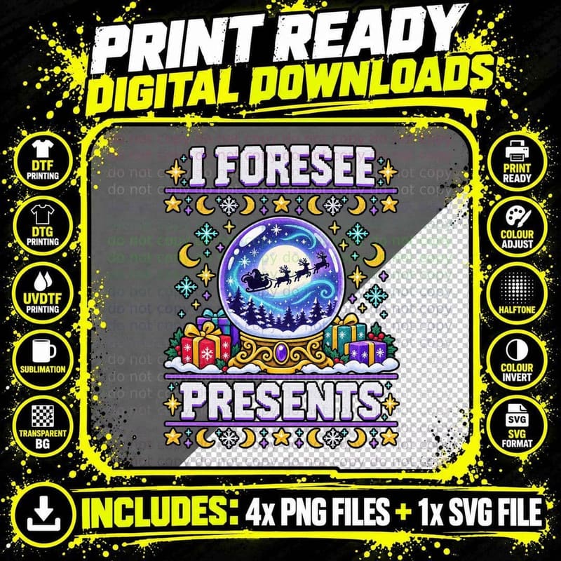 I Foresee Presents Crystal Ball Ugly Sweater Witchy Png SVG Digital Bundle