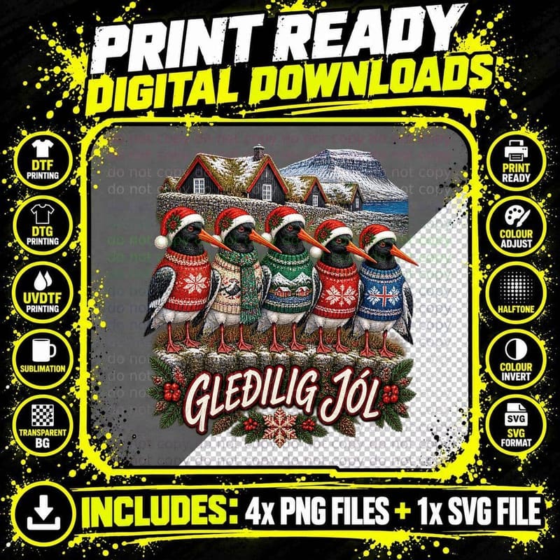 Icelandic Oystercatcher Ugly Sweater Vintage Christmas Png SVG Digital Bundle