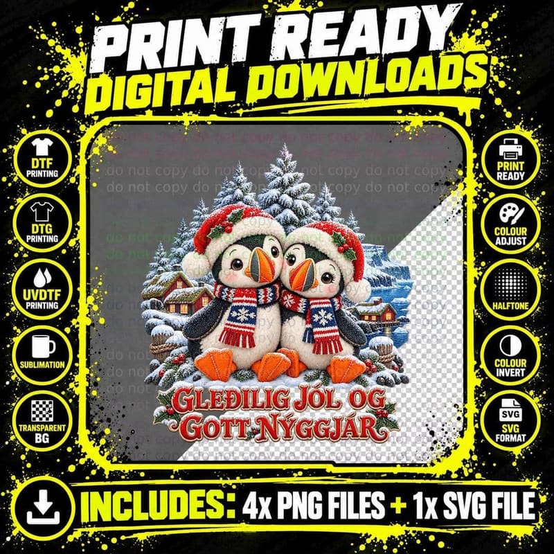 Icelandic Puffin Christmas Plush Toy Cute Nordic Holiday Png SVG Digital Bundle