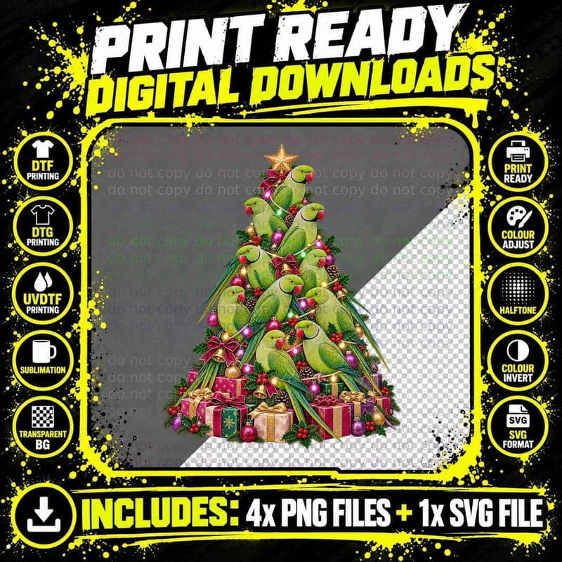Indian Ringneck Christmas Watercolor Parakeet Bird Lover Png SVG Digital Bundle