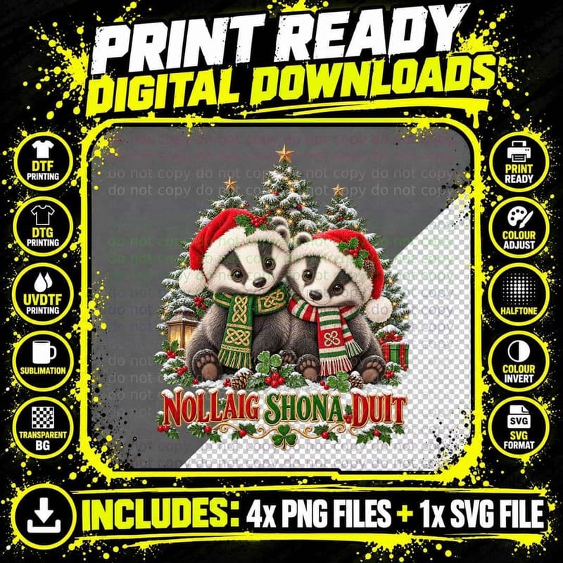 Irish Christmas Badgers Cute Plush Toy Celtic Scarf Png SVG Digital Bundle