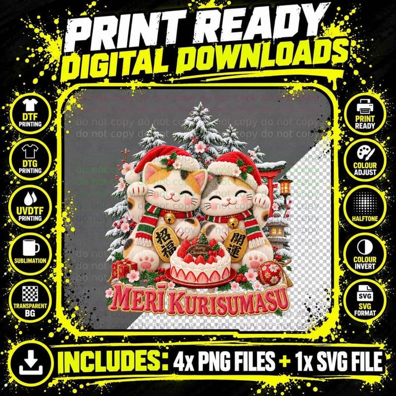Japanese Lucky Cat Christmas Plush Toy Maneki Neko Png SVG Digital Bundle