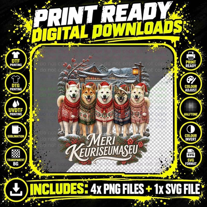 Jindo Dog Christmas Ugly Sweater Korean Hanok Winter Png SVG Digital Bundle