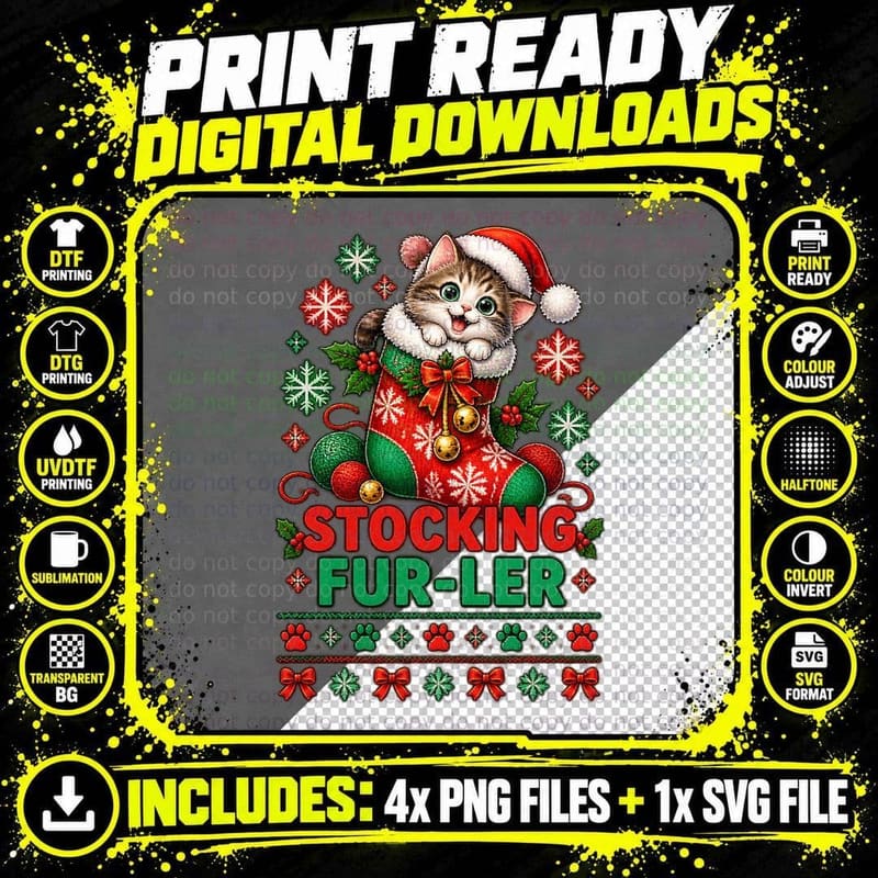 Kitten Ugly Christmas Sweater Christmas Stocking Cat Pun Png SVG Digital Bundle