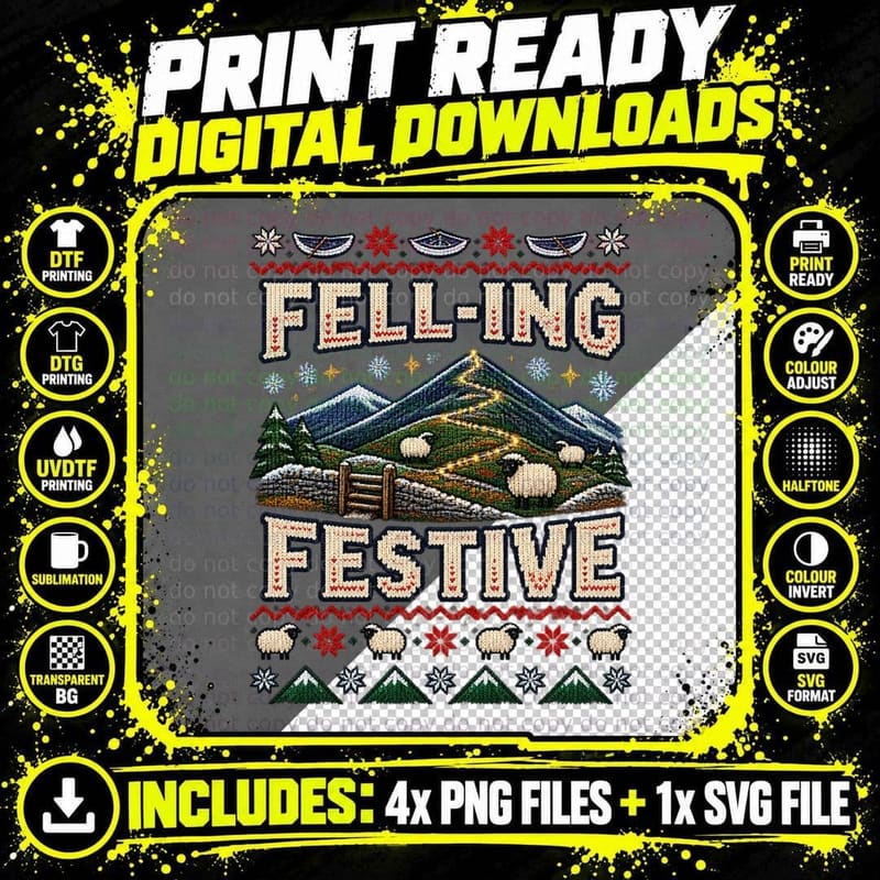 Lake District Christmas Ugly Sweater Hiking Sheep Png SVG Digital Bundle