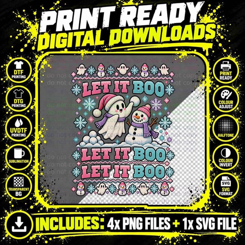Let It Boo Ugly Sweater Christmas Ghost Snowman Cute Png SVG Digital Bundle