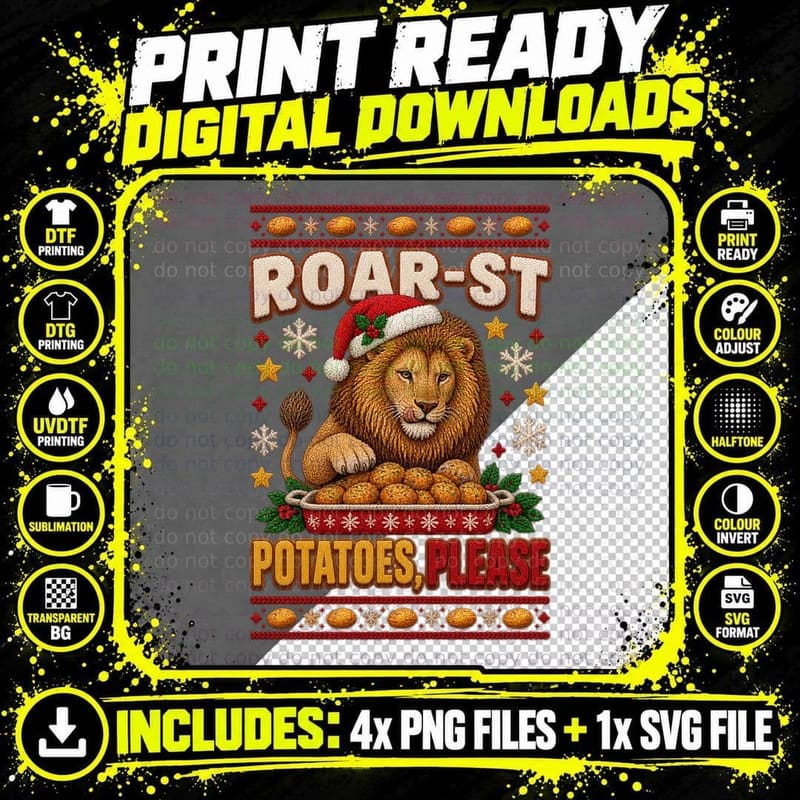 Lion Ugly Christmas Sweater Roar-St Potatoes Please Png SVG Digital Bundle