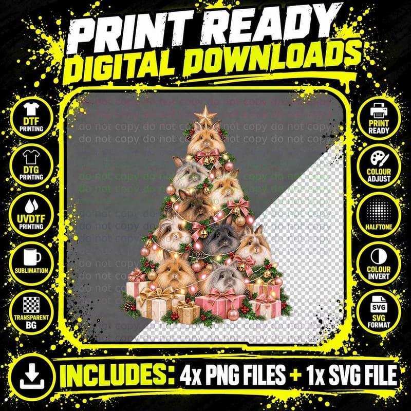 Lionhead Rabbit Christmas Watercolor Fluffy Bunny Lover Png SVG Digital Bundle
