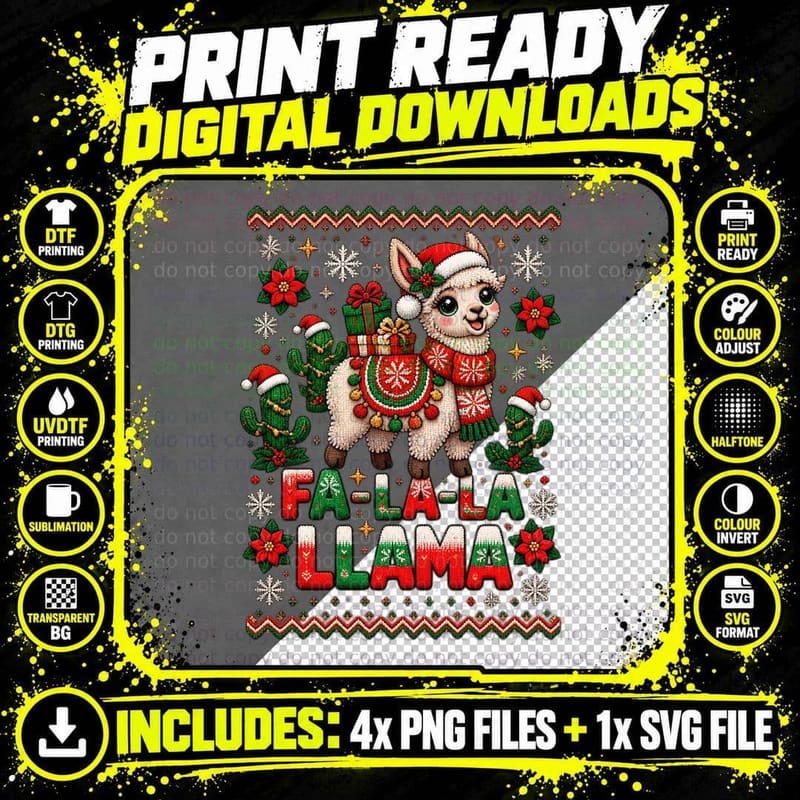 Llama Christmas Ugly Sweater Mince Pie Pun Funny Animal Png SVG Digital Bundle
