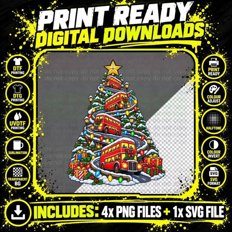 London Double Decker Bus Christmas Winding Road Festive Png SVG Digital Bundle