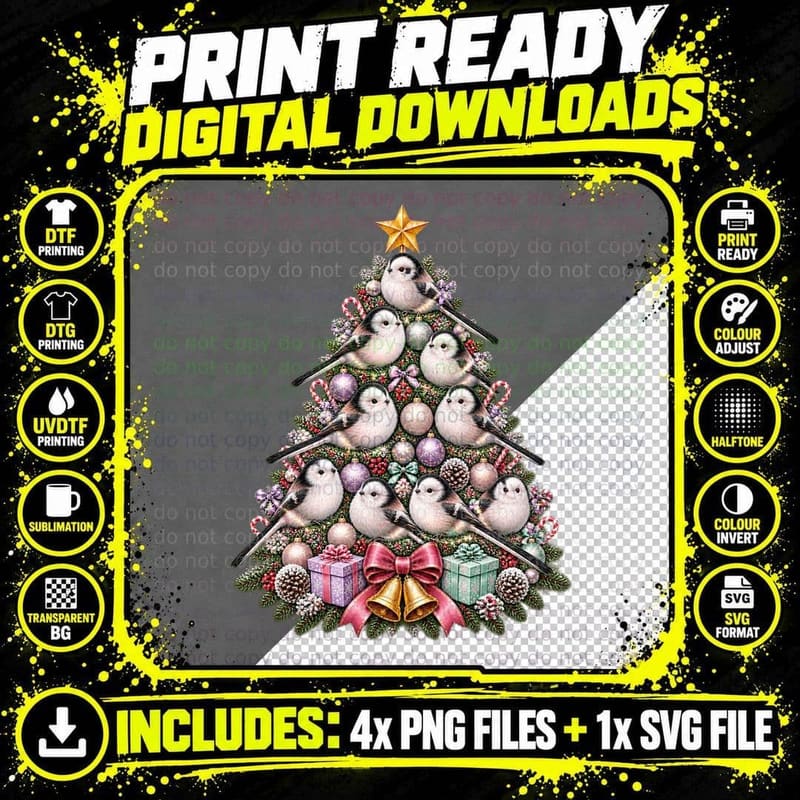 Long-Tailed Tit Christmas Pun, Vintage Bird Tee Png SVG Digital Bundle