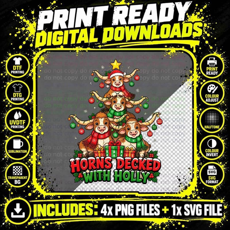 Longhorn Cattle Christmas Pun Cartoon Western Holiday Png SVG Digital Bundle