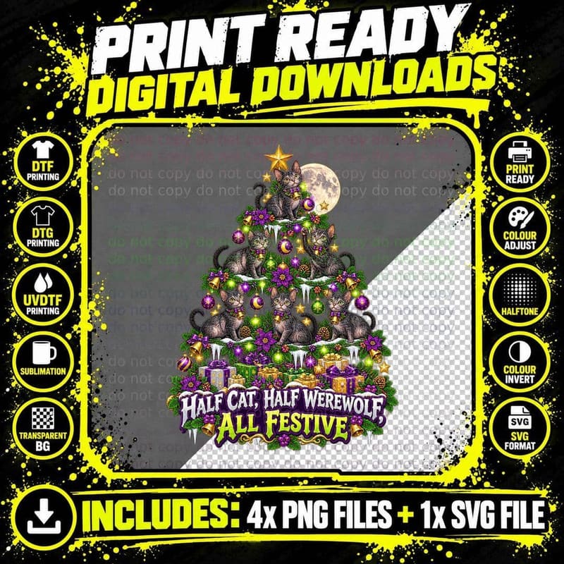 Lykoi Werewolf Cat Christmas Funny Spooky Holiday Retro Png SVG Digital Bundle