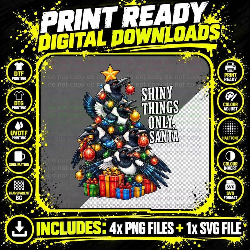 Magpie Shiny Things Only Santa Christmas Tree Funny Bird Png SVG Digital Bundle