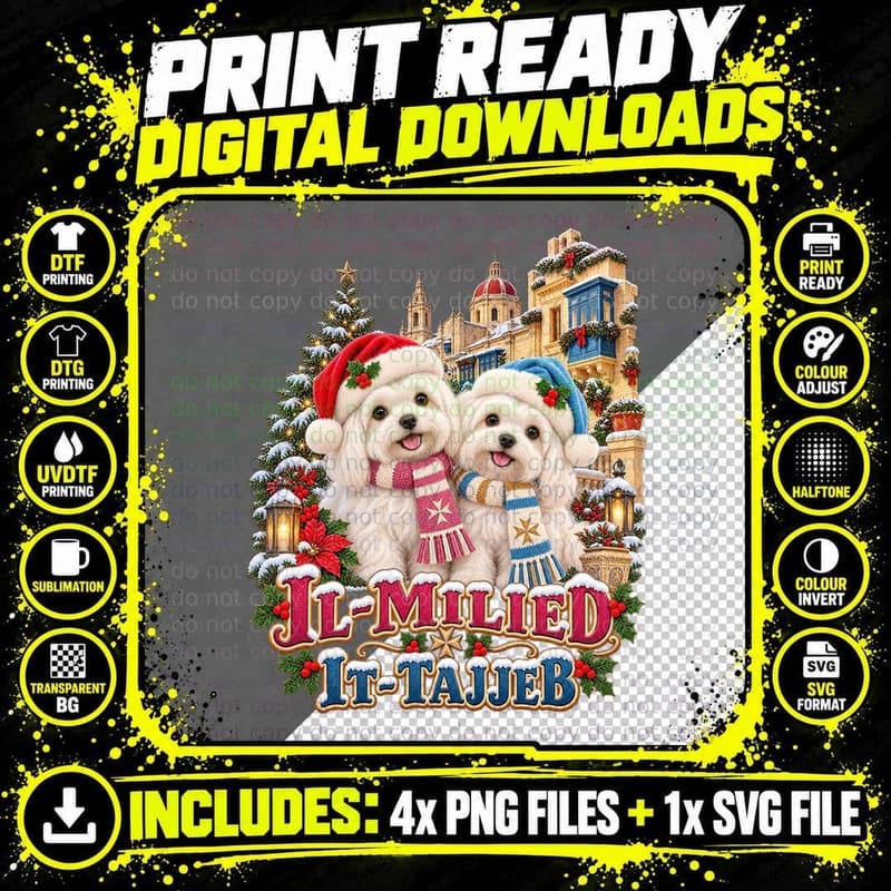 Maltese Dog Christmas Cute White Puppy Malta Festive Png SVG Digital Bundle