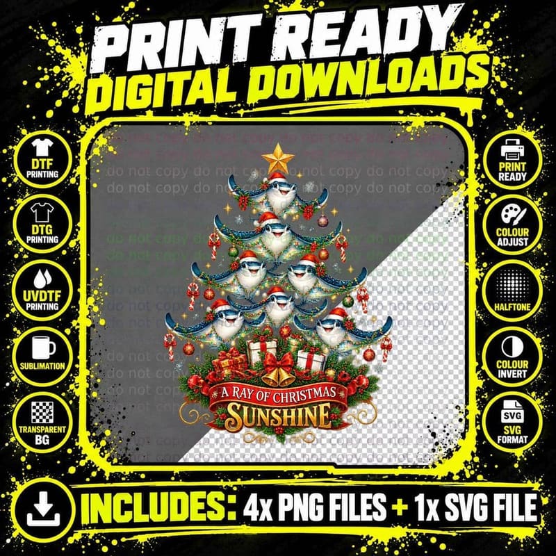 Manta Ray Christmas Tree Ocean Animal Holiday Cute Png SVG Digital Bundle