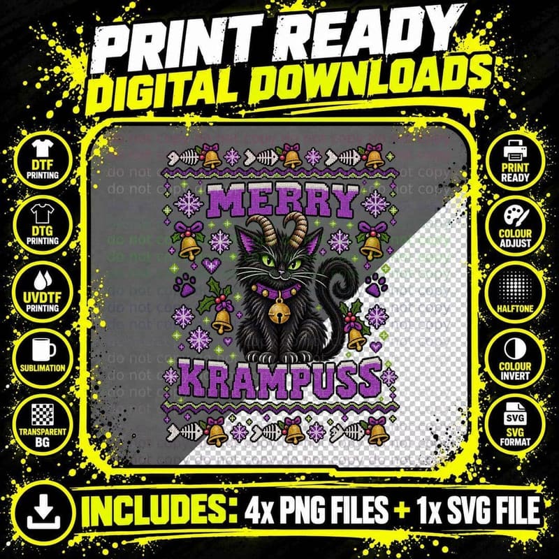 Merry Krampuss Ugly Sweater Black Cat Christmas Witchy Png SVG Digital Bundle