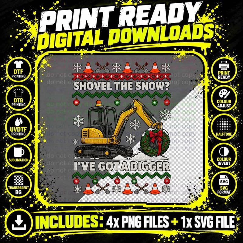 Mini Digger Ugly Sweater Excavator Operator Christmas Png SVG Digital Bundle