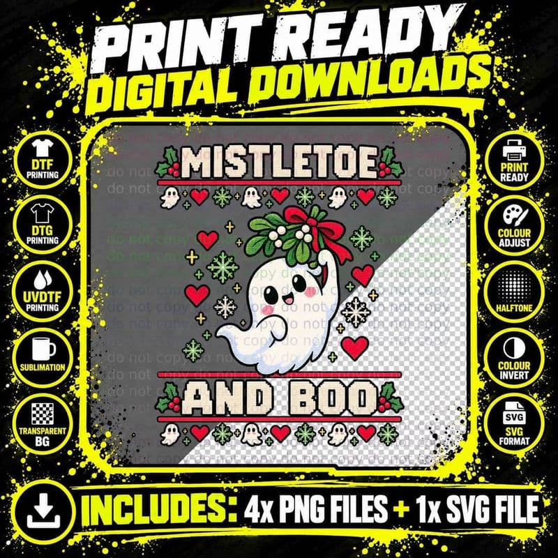 Mistletoe and Boo Ghost Ugly Sweater Cute Romantic Png SVG Digital Bundle