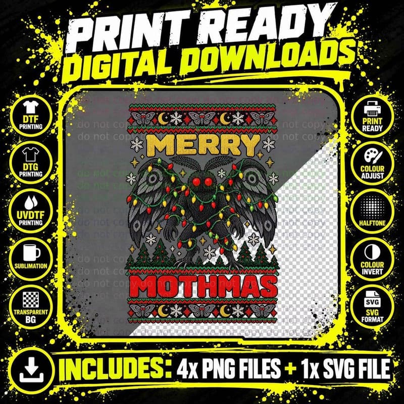 Mothman Ugly Sweater Cryptid Christmas Paranormal Png SVG Digital Bundle
