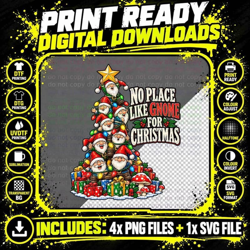 No Place Like Gnome for Christmas Garden Gnome Tree Png SVG Digital Bundle
