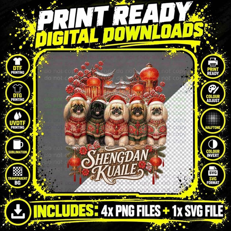 Pekingese Dog Christmas Ugly Sweater Chinese Lantern Png SVG Digital Bundle