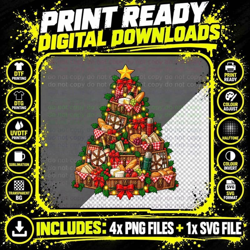 Picnic Hamper Christmas Tree British Countryside Wicker Png SVG Digital Bundle