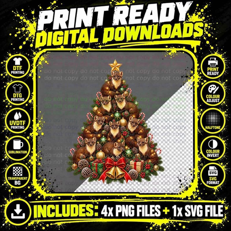 Pine Marten Christmas Pun, Vintage Woodland Animal Tee Png SVG Digital Bundle