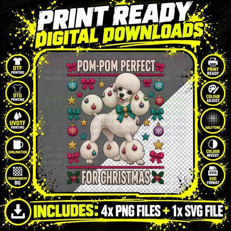 Poodle Ugly Christmas Sweater Pom Pom Dog Pun Funny Png SVG Digital Bundle