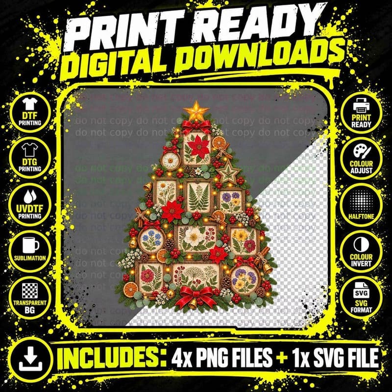 Pressed Flower Christmas Tree Botanical Florist Garden Png SVG Digital Bundle