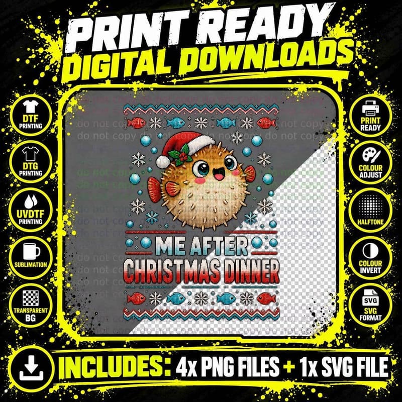 Pufferfish Christmas Ugly Sweater Funny Fish Foodie Png SVG Digital Bundle