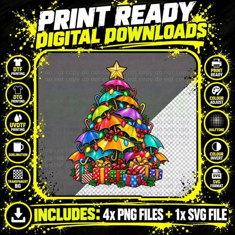 Rainbow Umbrella Christmas Tree Colourful Brollies Fairy Png SVG Digital Bundle