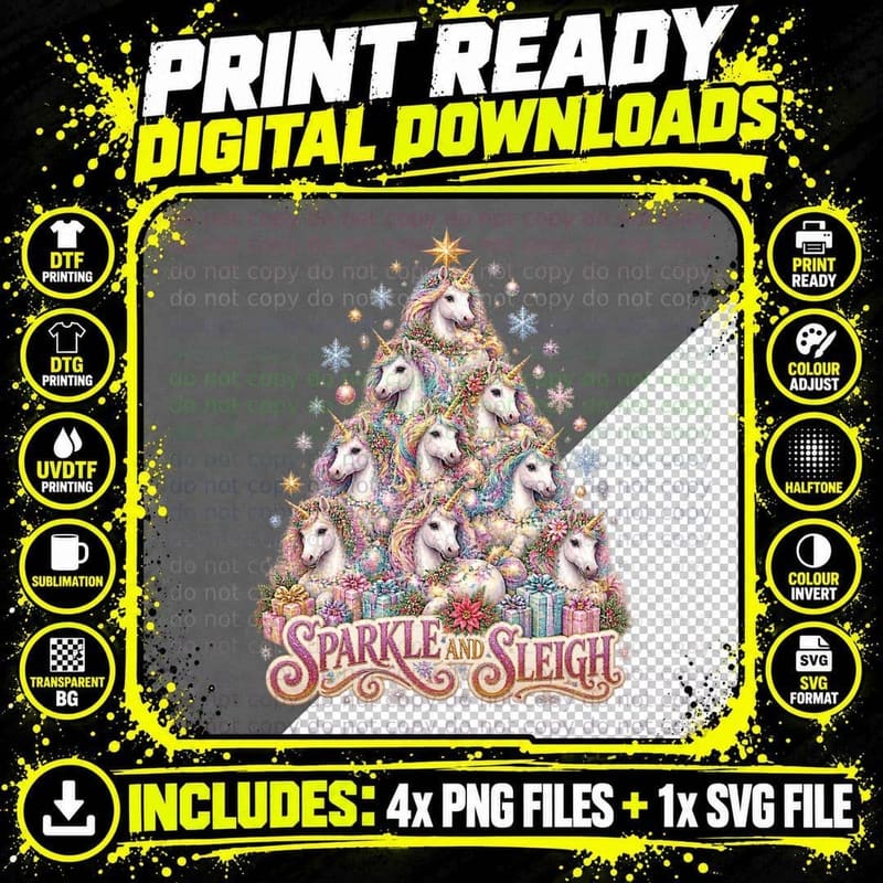 Rainbow Unicorn Christmas Sparkle and Sleigh Pastel Png SVG Digital Bundle