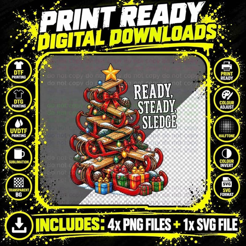 Ready Steady Sledge Christmas Tree Made Of Sleds Funny Png SVG Digital Bundle