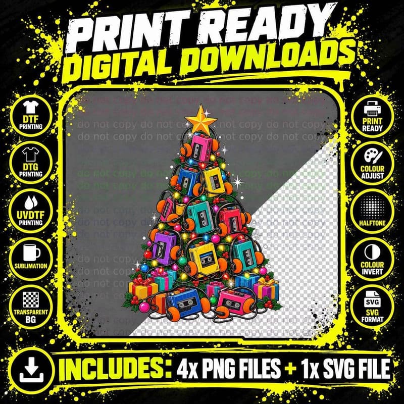 Retro Cassette Player Christmas 80s Music Lover Personal Png SVG Digital Bundle