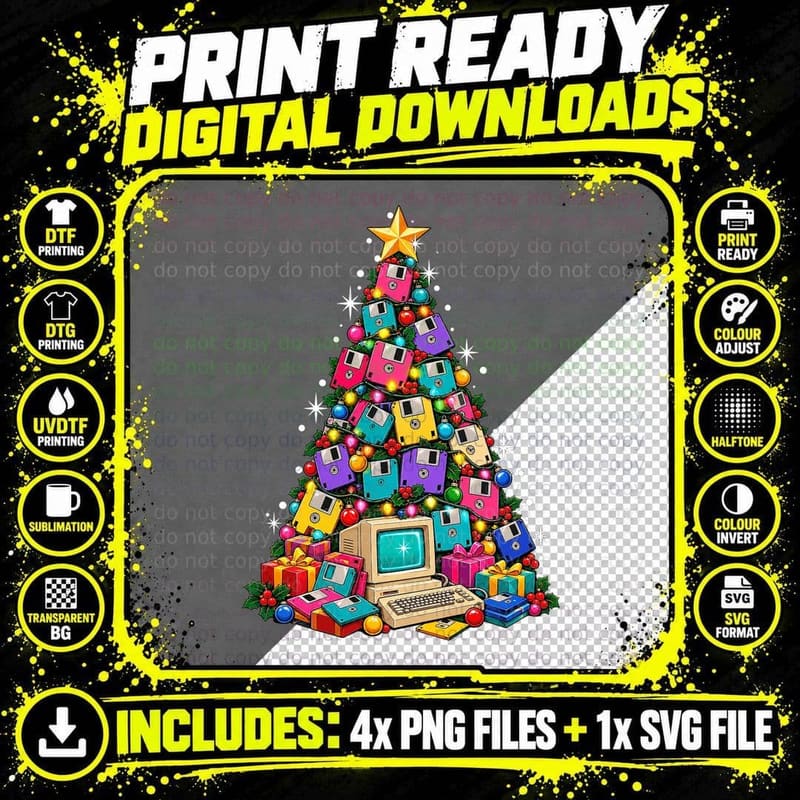 Retro Floppy Disk Christmas Tree 80s Computer Geek Png SVG Digital Bundle