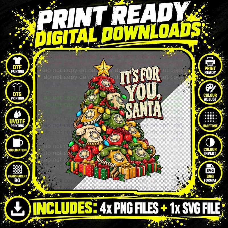 Rotary Telephone Christmas Tree Its For You Santa Retro Png SVG Digital Bundle