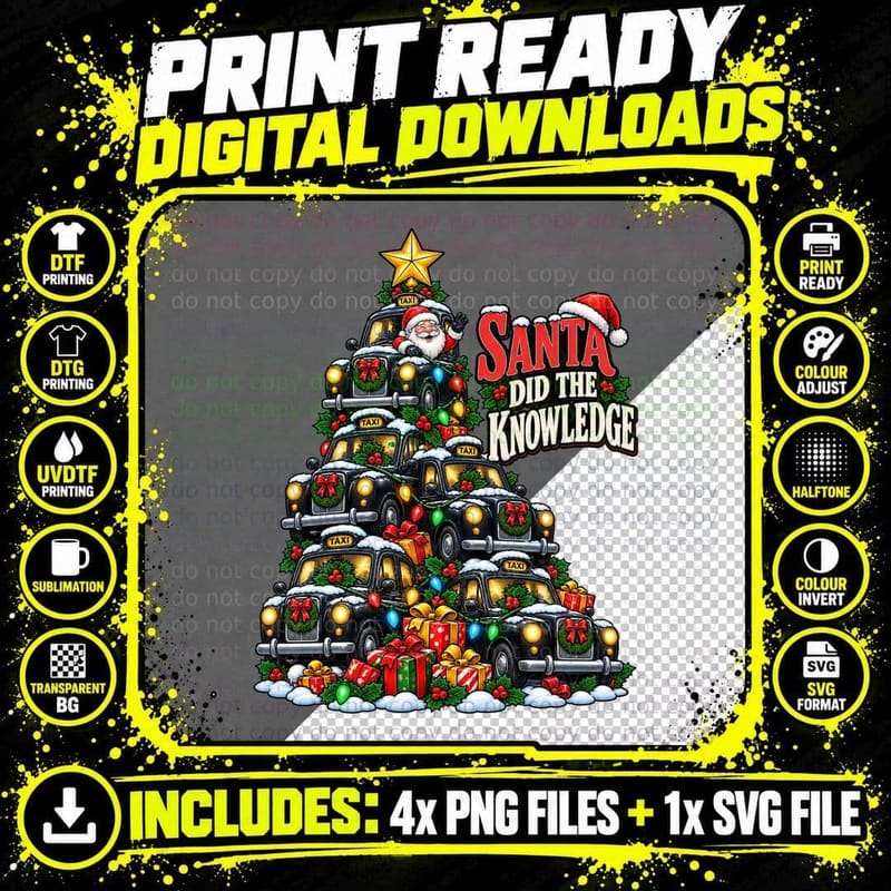Santa Did the Knowledge London Black Cab Taxi Christmas Png SVG Digital Bundle