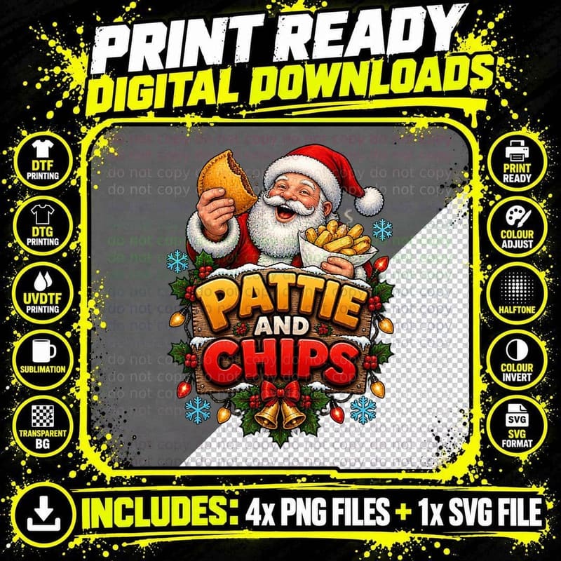 Santa Eating Pattie And Chips Christmas Ugly Sweater Png SVG Digital Bundle