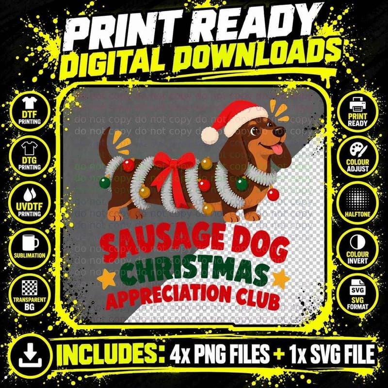 Sausage Dog Christmas Retro Tinsel Dachshund Dog Lover Png SVG Digital Bundle
