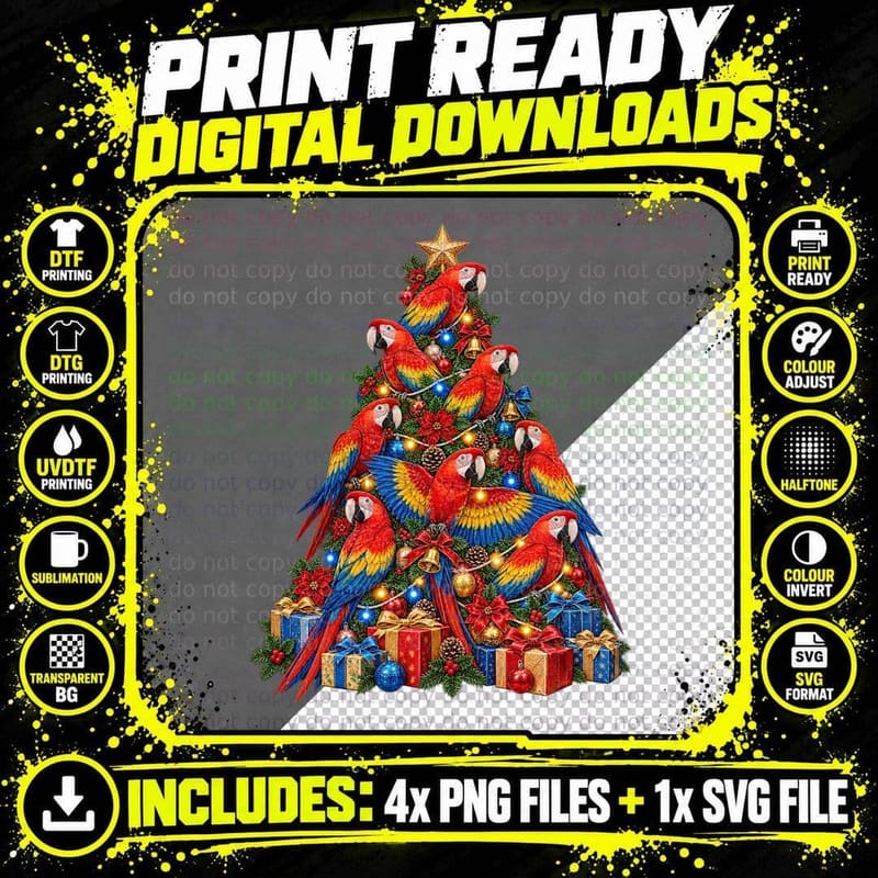 Scarlet Macaw Christmas Watercolor Parrot Bird Lover Png SVG Digital Bundle