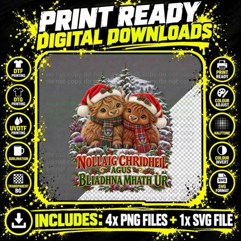 Scottish Highland Calves Christmas Cute Plush Toy Png SVG Digital Bundle