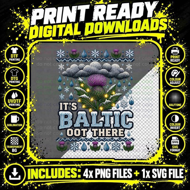 Scottish Winter Christmas Ugly Sweater Thistle Rain Png SVG Digital Bundle