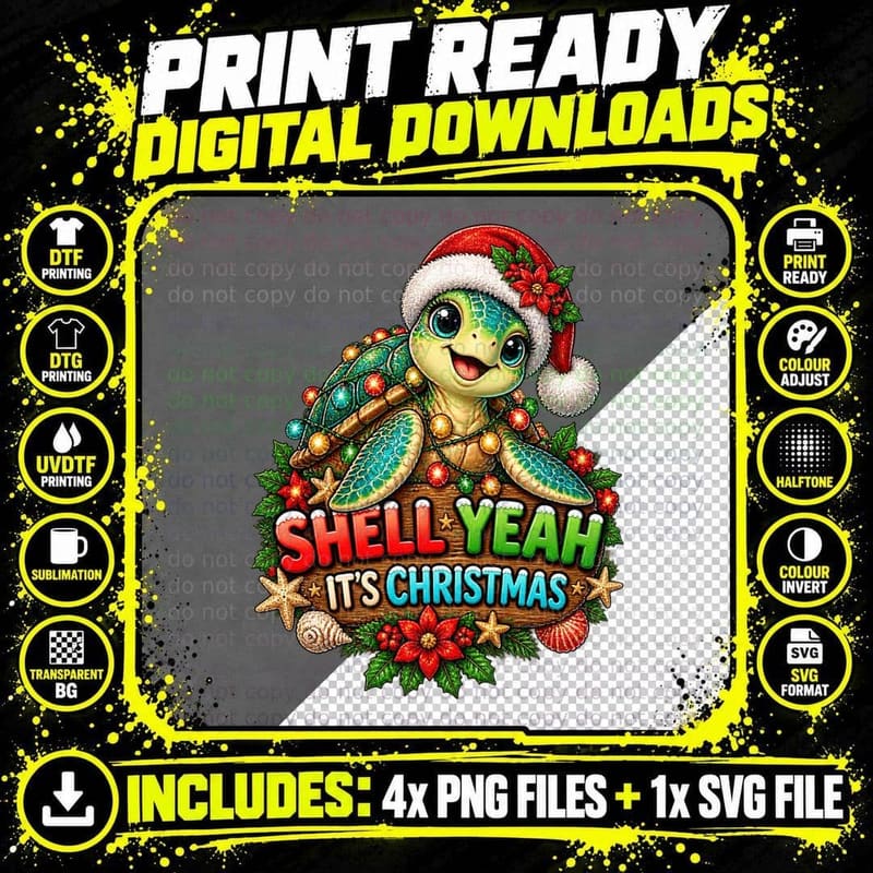 Sea Turtle Christmas Pun Shell Yeah Santa Hat Cute Ocean Png SVG Digital Bundle