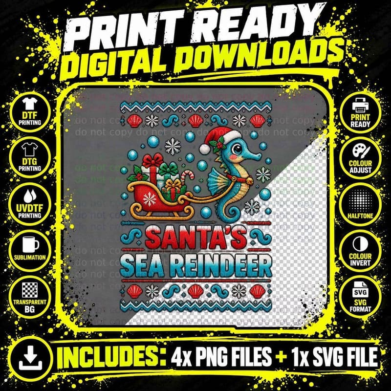 Seahorse Christmas Ugly Sweater Ocean Animal Santa Png SVG Digital Bundle